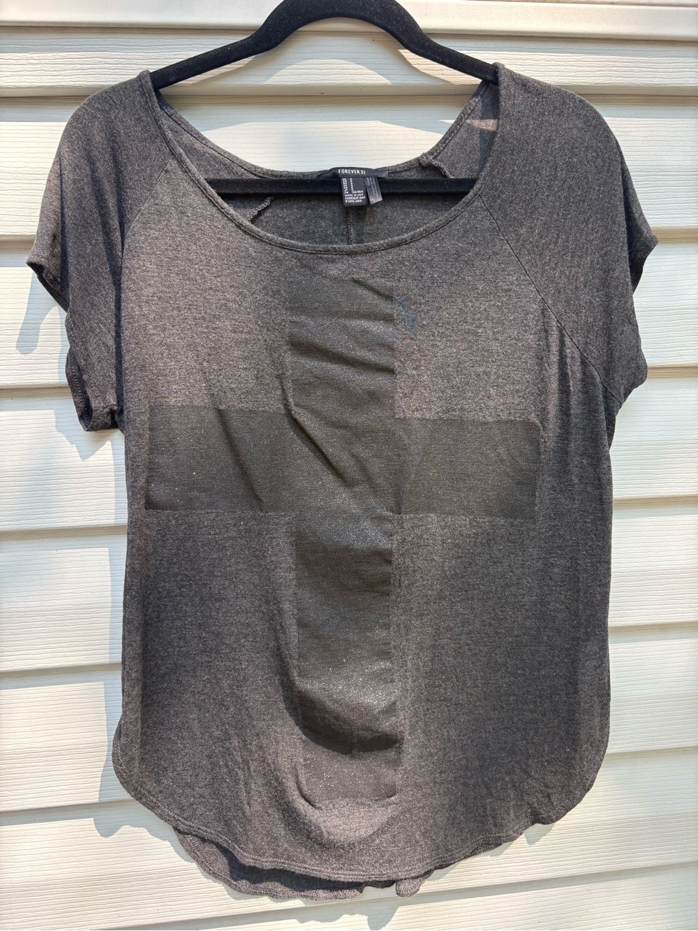 Vintage Y2K Forever 21 Charcoal Gray Glittery Cross Design Tee Sz. Small